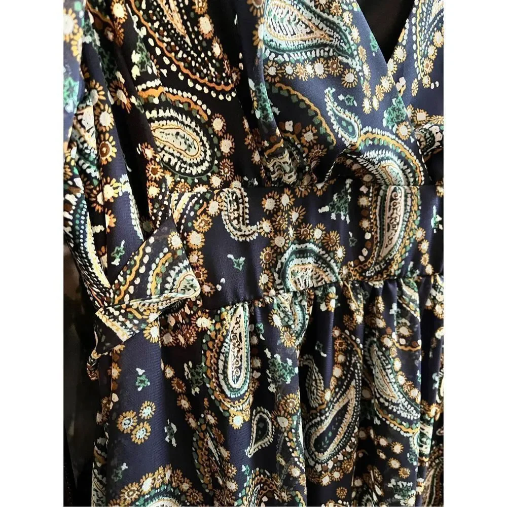 Betsey Johnson Navy Paisley Boho Wide Sleeve Back Tie Dress sz 8 EUC